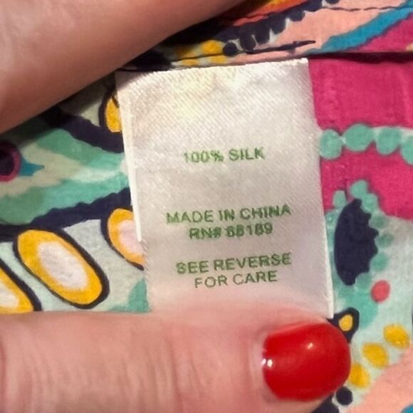 LILLY PULITZER 100% Silk Trace Crown Jewels Blouse Teal Pink Women’s Size Small - Picture 6 of 6